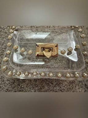 Clear Pearl-Trim PVC Crossbody Bag with Gold Hardware